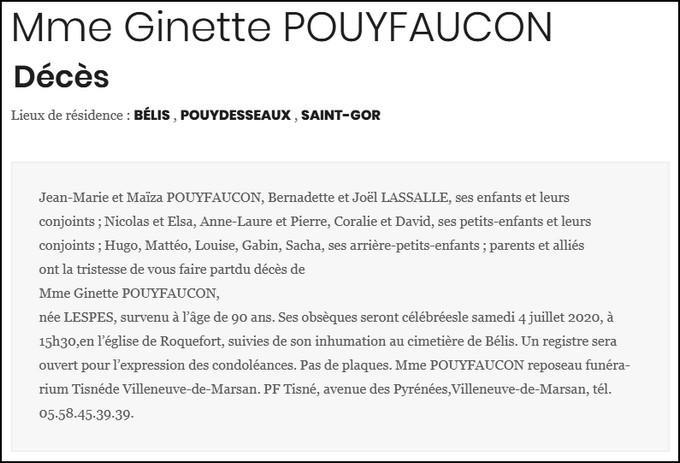 Avis décès Ginette Pouyfaucon